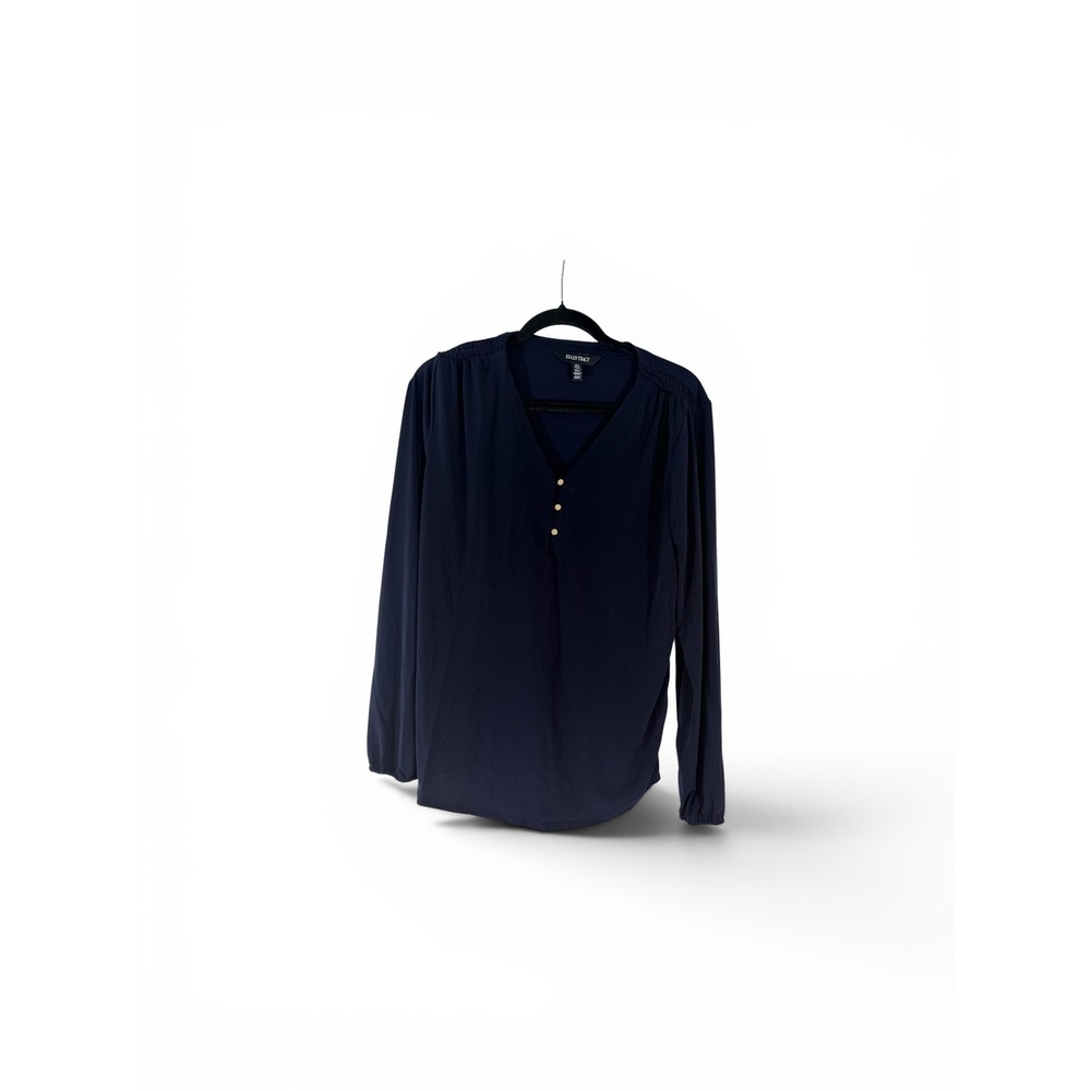 Ellen Tracy Womens Navy Blue Henley V-Neck Long Sleeve Blouse Gold Buttons M